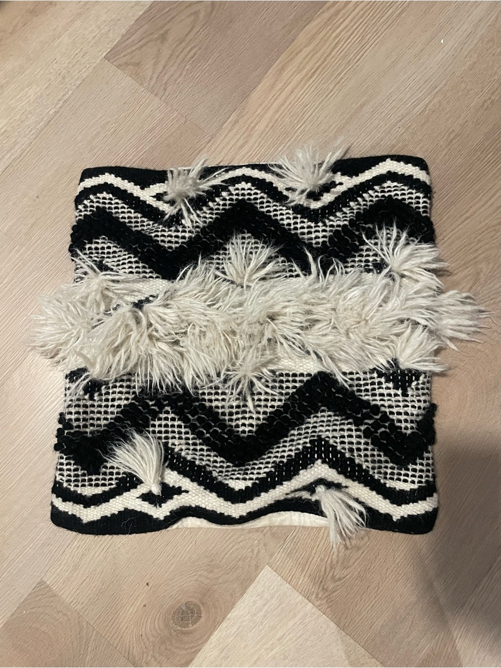 Boho Black and Cream Fringe Zigzag Accent Pillow Cover by Surya